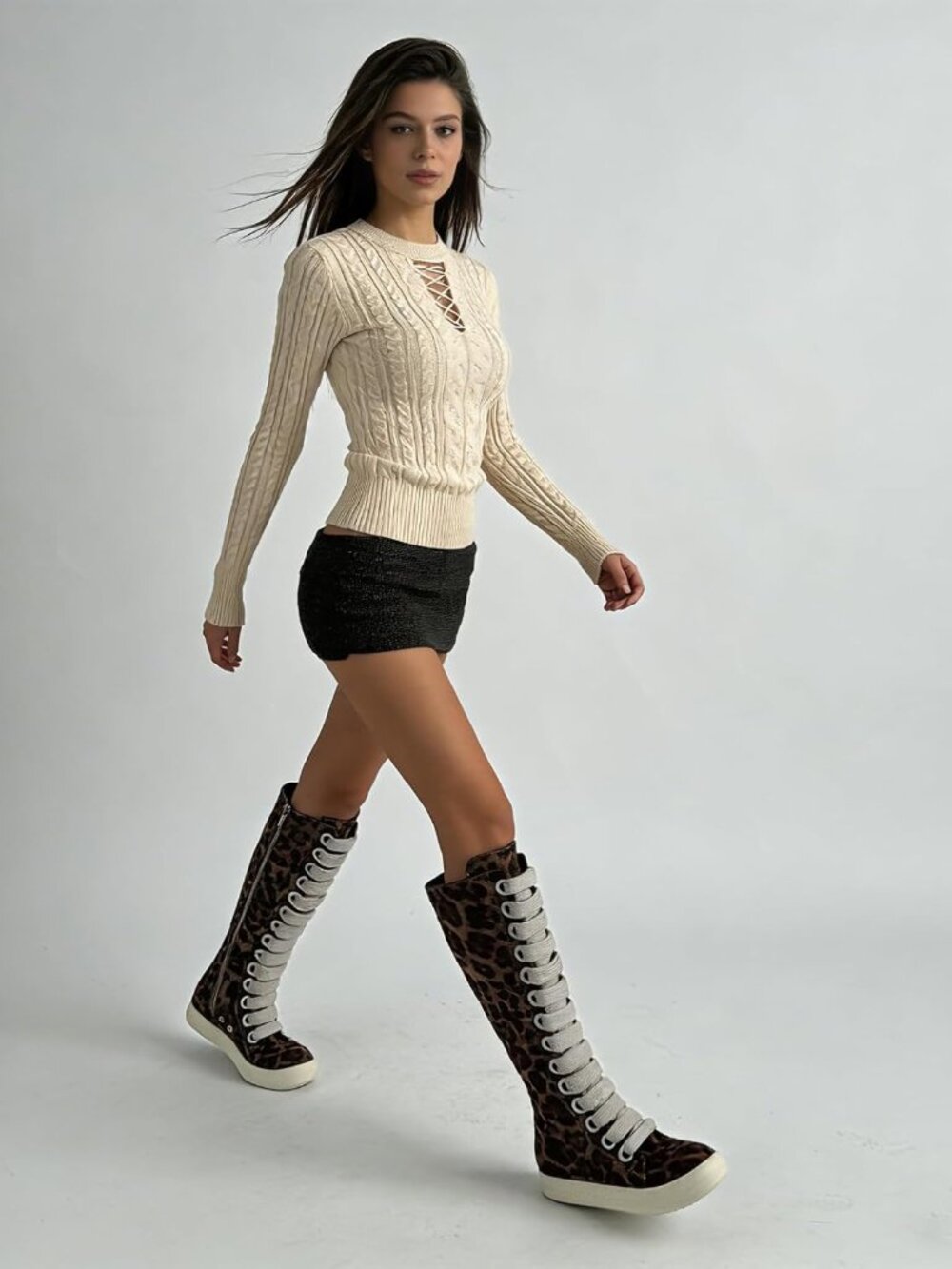 🆕Women's Leopard Knee-High School Bicycling Boots Thick Laces Comfort - Picture 3 of 6